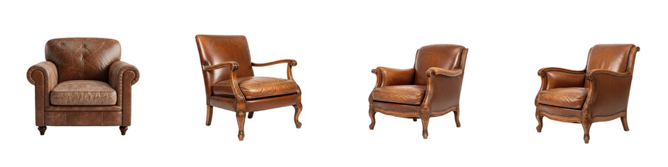 Vintage Leather Armchair PNG Set Isolated on White Background Classic Brown Leather Lounge Chairs Furniture Clipart Rustic Interior Design Graphics Collection