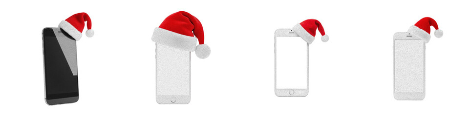 Smartphone with Santa Hat PNG Set Isolated on White Background Festive Holiday Mobile Phone Clipart Realistic Christmas Tech Mockup Graphics Collection Set
