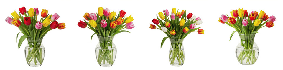 Spring Tulip Bouquet in Glass Vase PNG Set Isolated on White Background Vibrant Multi-Colored Flower Arrangement Clipart Floral Gift Decor Elements Collection