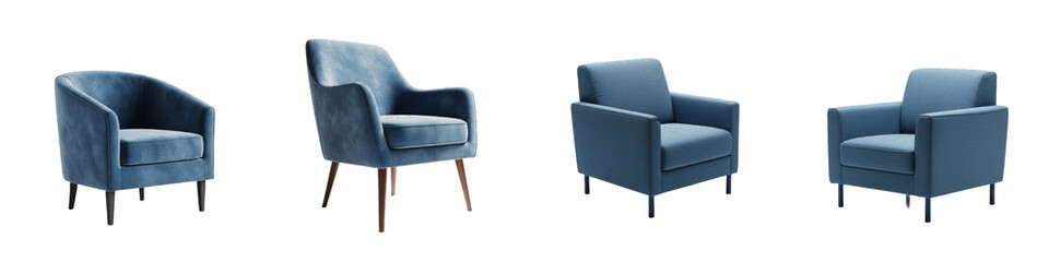 Modern Blue Velvet Armchair PNG Set Isolated on White Background Contemporary Navy Lounge Chair Furniture Interior Design Clipart Minimalist Home Decor Graphics
