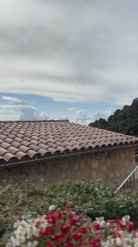 Mallorca finca garden flowers in terracotta pot, summer hotel  with Mountain View