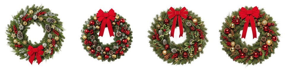 Christmas Wreath PNG Set Isolated on White Background Traditional Pine Holiday Wreaths with Red Bows and Gold Baubles Festive Front Door Decoration Clipart Set