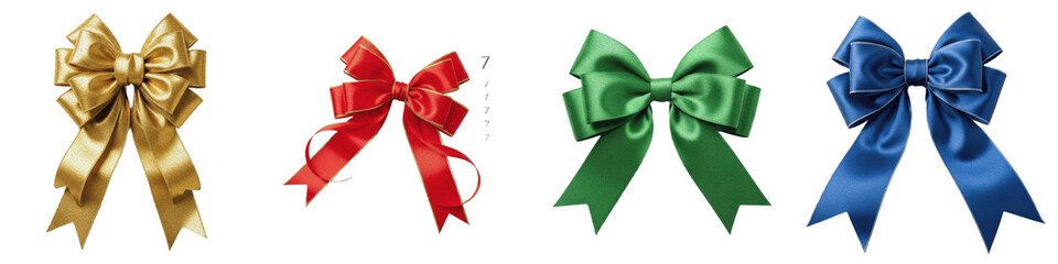 Decorative Satin Bow PNG Set Isolated on White Background Gold Red Green and Blue Silk Ribbon Bows Clipart Collection for Christmas Gifts and Holiday Crafts