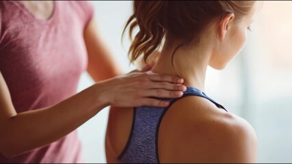 Chiropractor or masseuse treating a female patient's neck and shoulder pain with manual therapy - Powered by Adobe