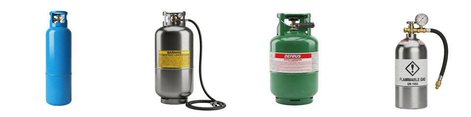 Industrial Gas Cylinder PNG Set Isolated on White Background Propane Tank Oxygen Bottle Helium Canister Steel Fuel Container Clipart Professional Equipment Set