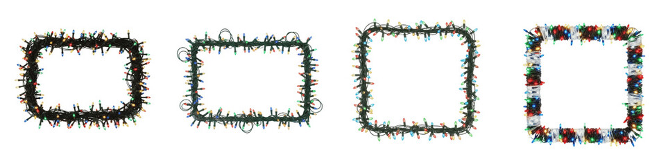 Christmas Lights Border PNG Set Isolated on White Background Rectangular Xmas Fairy Light Frames Garland Clipart Festive Holiday String Light Graphics Collection