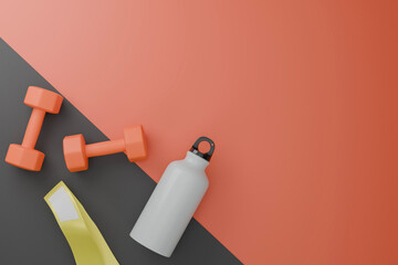3D rendering of orange dumbbells and fitness equipment on orange and black background