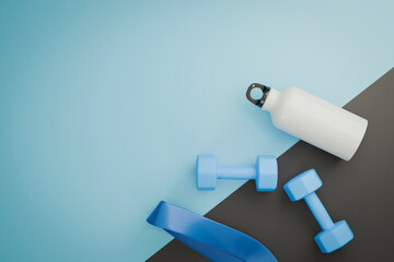 3D fitness background with blue dumbbells, water bottle and resistance band