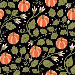 Botanical Seamless Pattern with Pumpkin and Elegant Autumn Nature Elements
