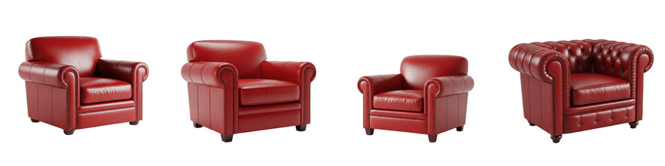 Red Leather Armchair PNG Set Isolated on White Background Luxury Chesterfield Club Chair Furniture Clipart Elegant Crimson Lounge Seating Interior Design Set