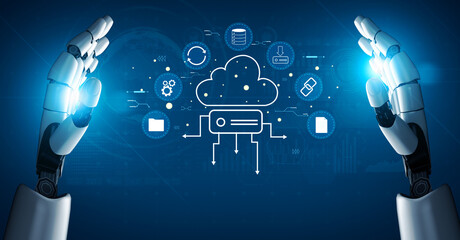 An AI managed cloud storage and data synchronization ecosystem. A concept of smart cloud computing for file storage, backup, and sharing. Motif