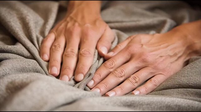 Two hands resting on a rumpled fabric. The hands have detailed skin texture