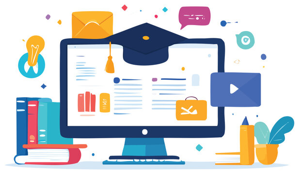 Online education and digital learning infographic with laptop and books, flat vector illustration