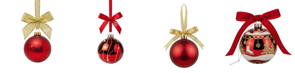 Red Christmas Ornaments PNG Set Isolated on White Background Glossy Xmas Baubles with Gold and Red Ribbons Holiday Tree Decorations Festive Clipart Graphics Set