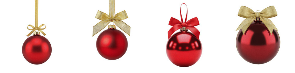 Red Christmas Ornament PNG Set Isolated on White Background Glossy Xmas Bauble with Gold Bow Holiday Hanging Decoration Clipart Festive Tree Ornament Graphics