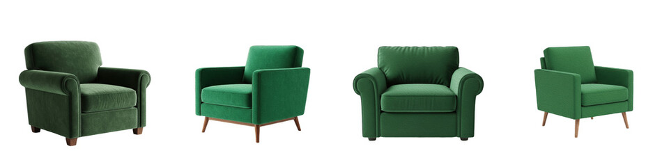 Emerald Green Velvet Armchair PNG Set Isolated on White Background Modern Forest Green Lounge Chair Mid Century Furniture Interior Design Clipart Home Decor Set
