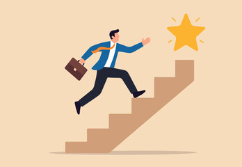 Hope to success in business, accomplishment or reaching business goal, reward and motivation concept, smart confident businessman climb up stair to the top to reaching to grab precious star reward