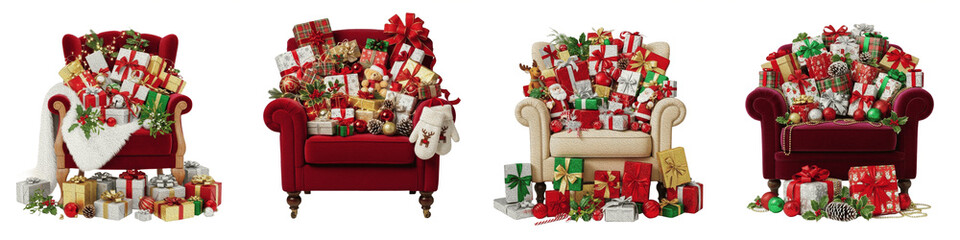 Christmas Gifts on Armchair PNG Set Isolated on White Background Red Velvet Chair Xmas Gift Boxes Holiday Presents Stocking Festive Furniture Clipart Graphics