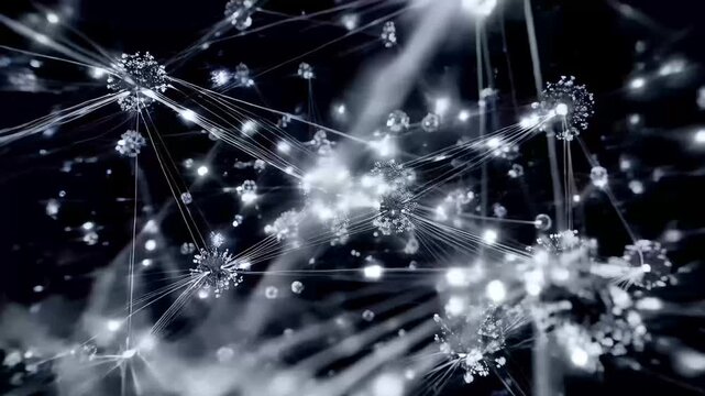 Exploring digital connections and movements in a dark space with glowing particles