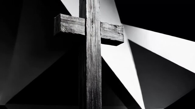 Visual exploration of a wooden cross with striking light patterns in a space