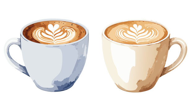Hand-drawn watercolor style coffee mugs with latte art, cozy beverage illustration