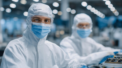 A cleanroom environment where engineers in full protective suits calibrate microreactors used to synthesize custom molecular compounds for aerospace materials. cinematic color correction, natural