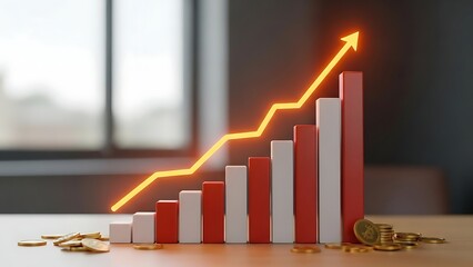 Red and white bar graph with coins and upward trend line