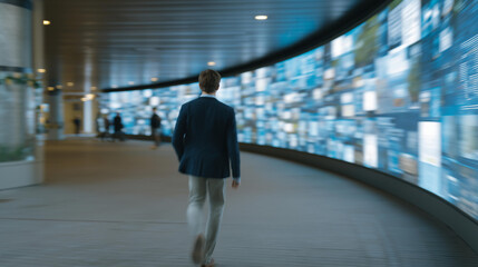 Fototapeta premium A tech worker rushing through an underground passage with holographic ads flickering along the walls — futuristic commute, digital environment overload, and cyber-urban atmosphere. cinematic color