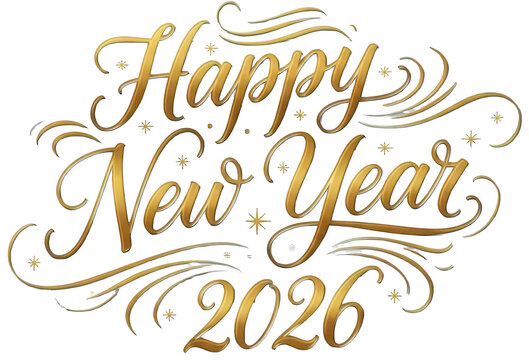Elegant calligraphy happy new year 2026 script in gold color with decorative swirls - Powered by Adobe