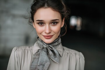 Elegant Woman with Scarf Smiling in Urban Setting - Fashion Portrait Photography Trend 2023