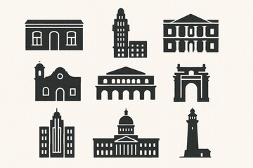 Uruguayan architecture vector icons rugged flat style 