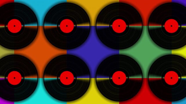 Vinyl spinning records on a simple colored background. Seamless loop animation. Retro design and old technology. 3D rotating music disc