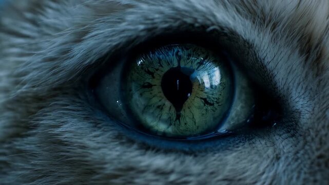 Close-up view of a cat's eye showing unique colors and patterns in natural light while the animal rests