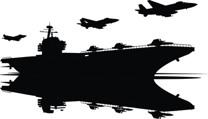 Aircraft carrier silhouette with fighter jets flying overhead, naval aviation power, military sea defense concept, modern warfare and strategic force illustration © Hasem Creative