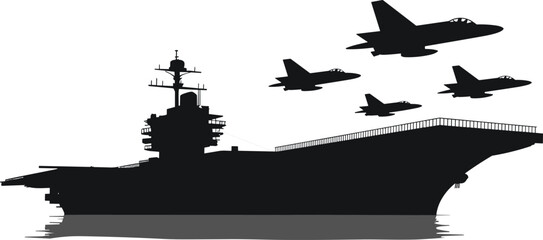 Silhouette of military aircraft carrier at sea with jet fighters flying overhead, symbolizing naval aviation, defense power, and strategic mobility. © Hasem Creative