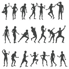 A large collection of diverse black silhouettes showcases numerous people in various dynamic and static poses, representing activity and human movement
