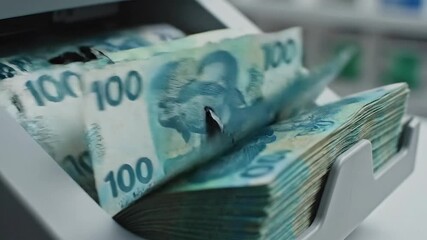Automated money counting machine efficiently processes stacks of Brazilian Real banknotes highlighting financial transactions banking operations and the rapid handling of currency for business and ec. - Powered by Adobe