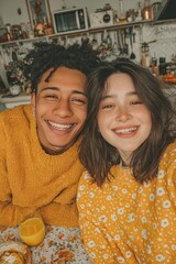 Smiling Couple in Cozy Kitchen Setting with Autumn Decor and Warm Tones