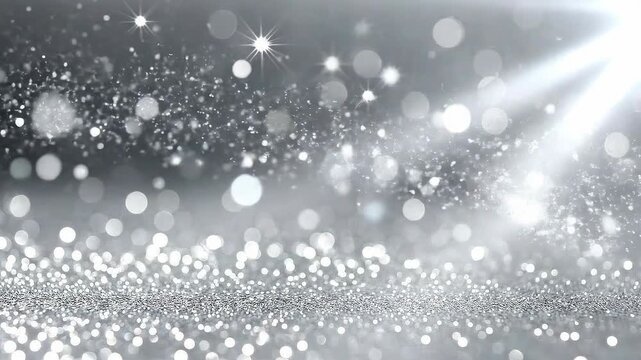 Sparkling silver glitter background with bright spotlights and bokeh effects