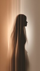 Ethereal Silhouette of Woman with Flowing Hair Behind Veil of Light and Shadow in Minimalistic Setting