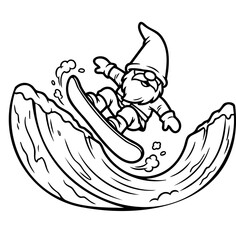 Snowboarding Gnome: A whimsical cartoon gnome fearlessly rides a snowboard down a stylized wave, capturing a sense of fun and adventure.