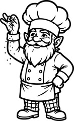 Chef Sprinkling: An artistic illustration of a jovial chef, his animated expression highlighted by the sprinkling of culinary seasoning, in a creative and engaging monochrome style.