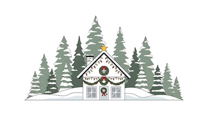 An illustrated snowy winter scene featuring a small house decorated with lights and wreaths amidst fir trees