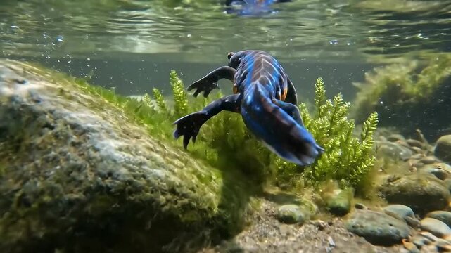 Vibrant blue and orange newt swims through clear water habitat underwater