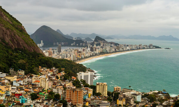 Panoramic View of Rio de Janeiro coastline and city skyline from Vidigal hillside, Brazil