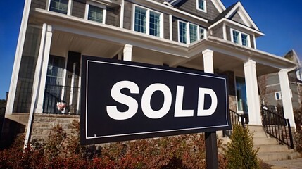 Sold sign standing in front of a modern residential house, symbolizing a property transaction, successful real estate investment, home ownership, and market activity