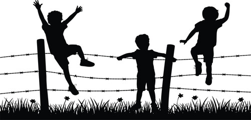 Children climbing barbed wire fence silhouette illustration showing freedom, risk and childhood adventure, playful kids outdoor scene with danger concept isolated on white background