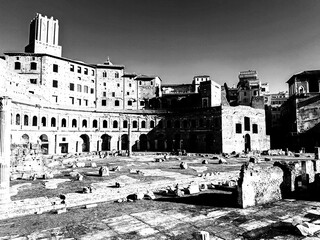 Rome, Italy - December 28, 2025, View of Trajan's Market, an imposing multipurpose complex of ancient Rome, designed by Apollodorus of Damascus in the 2nd century AD.