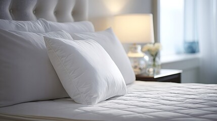 White bedding and soft pillows are resting on a large bed in a bright bedroom, creating an inviting and comfortable atmosphere for relaxation and sleep