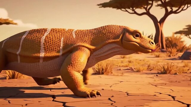 Stylized animated komodo dragon lizard walking across dry savanna land